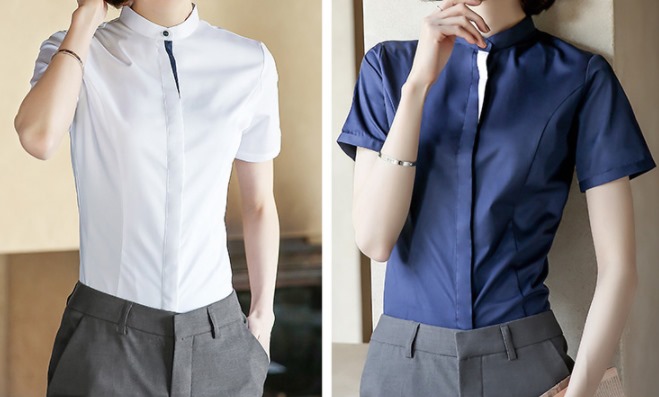 เล็กใหญ่พิเศษ!!เสื้อเชิ้ตแขนสั้นผู้หญิง คอจีน เรียบ เข้ารูป สาบขอบ size No.32-46 สีขาว น้ำเงิน ฟ้า