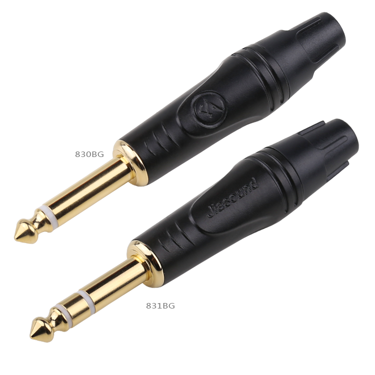 (มีตัวเลือก) [PJ] Jiasound 830BG หรือ 831BG ปลั๊กโฟนโมโนหรือสเตอริโอชุบทอง ปลอกดำ ท้ายยางสำหรับเข้าสาย 6-7mm