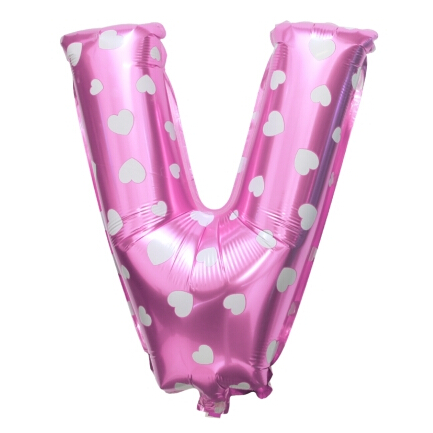 ลูกโป่งฟอยล์รูปตัวอักษร V สีชมพูพิมพ์ลายหัวใจ ไซส์เล็ก 14 นิ้ว - V Letter Shape Foil Balloon Size 14" Pink color printing Heart