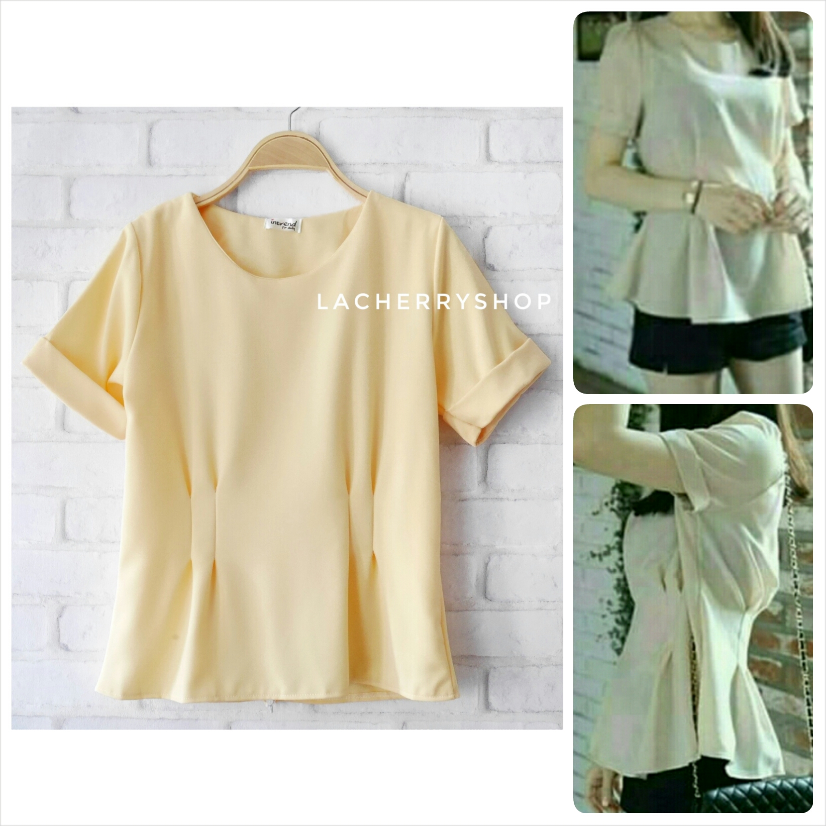 เสื้อแฟชั่นผ้าฮานาโกะ สีเหลือง จีบเอว เข้ารูป ทรงสวย พับแขนเก๋ๆ แบบสวยเรียบหรู