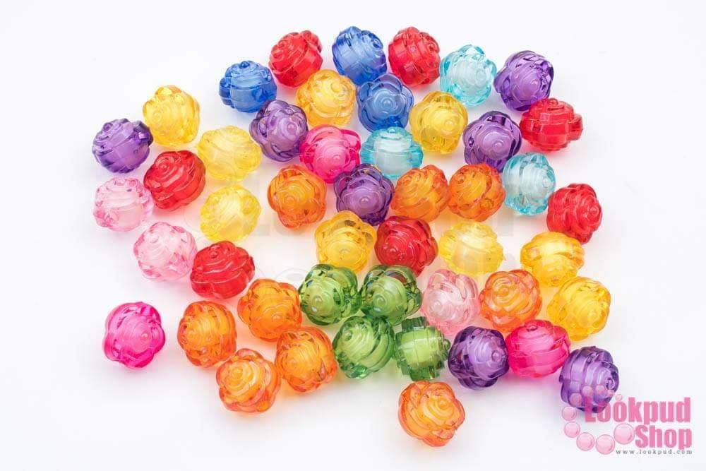 ลูกปัดพลาสติก คละสีสอดไส้ ดอกกุหลาบ 11มิล (1ถุง/500กรัม)