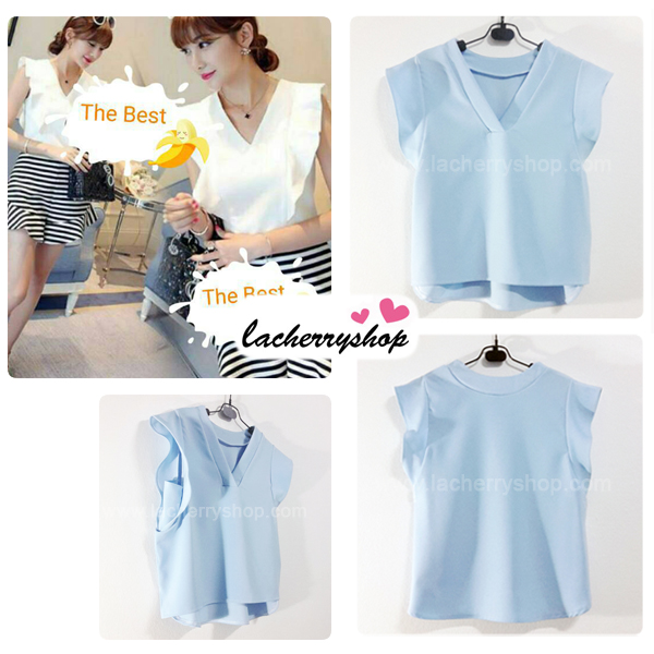 เสื้อแฟชั่นผ้าฮานาโกะ เสื้อทำงาน สีฟ้า คอวี แต่งระบายแขน สวยหวาน เรียบร้อย สินค้าคุณภาพ ราคาไม่แพง