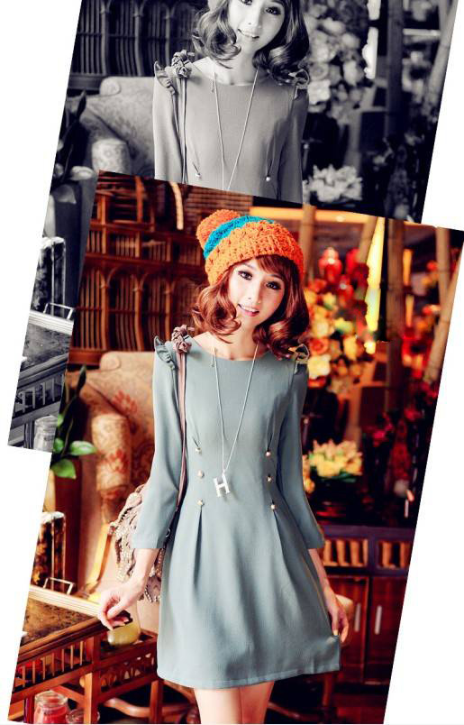 SALE//SALE (ส่งฟรี) 91PF ชุดเดรส สไตล์เกาหลี สีฟ้า แขนสามส่วน แต่งไหล่น่ารักๆเป็นหยักๆ ปักหมุดสีทองด้านหน้า มีสายมัดเอว แบบสวยเรียบหรู สินค้าคุณภาพดี