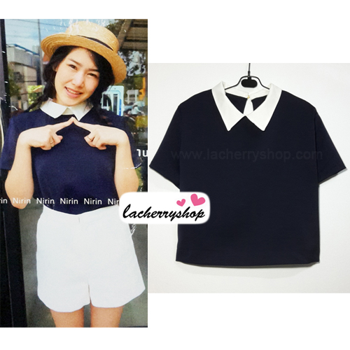 เสื้อแฟชั่น เสื้อทำงาน ผ้าฮานาโกะ สีกรมท่า คอปกเก๋ๆ แบบยอดนิยม สินค้าคุณภาพ ราคาไม่แพง
