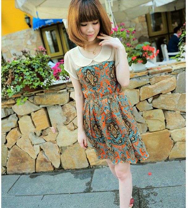 SALE//SALE (ส่งฟรี) ชุดเดรส คอบัว สไตล์เกาหลี พิมพ์ลาย กราฟฟิก สีส้ม เก๋ๆ