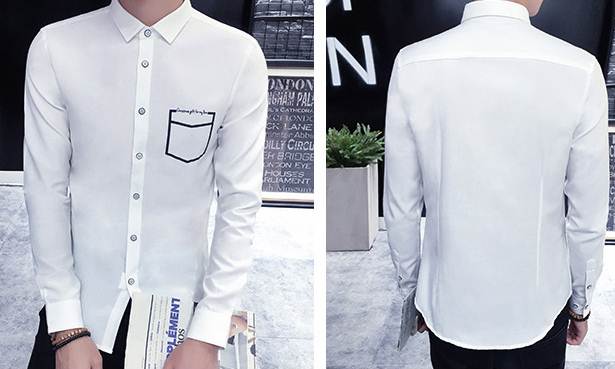 เล็กพิเศษ!!เสื้อเชิ้ตแขนยาว สลิมฟิต เสื้อคอปกเล็ก แต่งกระเป๋าสีตัด สีขาว No.40