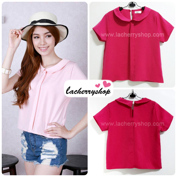 เสื้อแฟชั่น เสื้อทำงาน ผ้าฮานาโกะ สีชมพูเข้ม คอปกน่ารักๆ สินค้าคุณภาพ ราคาไม่แพง