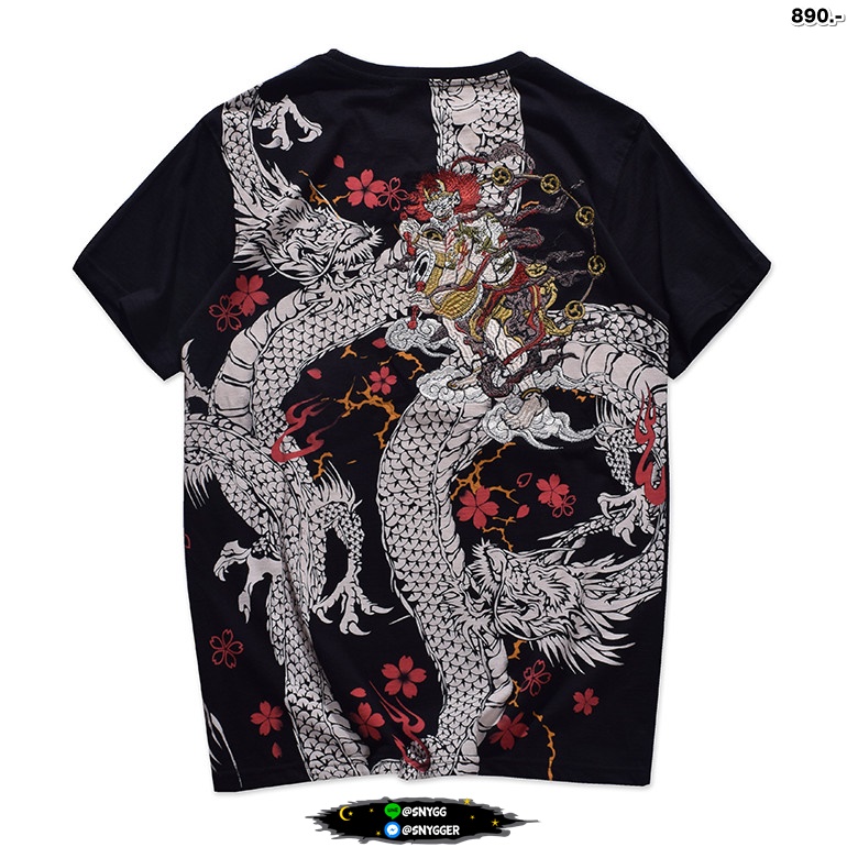 เสื้อยืด สกรีนลายมังกร ปักลายเทพอสูร สีดำ