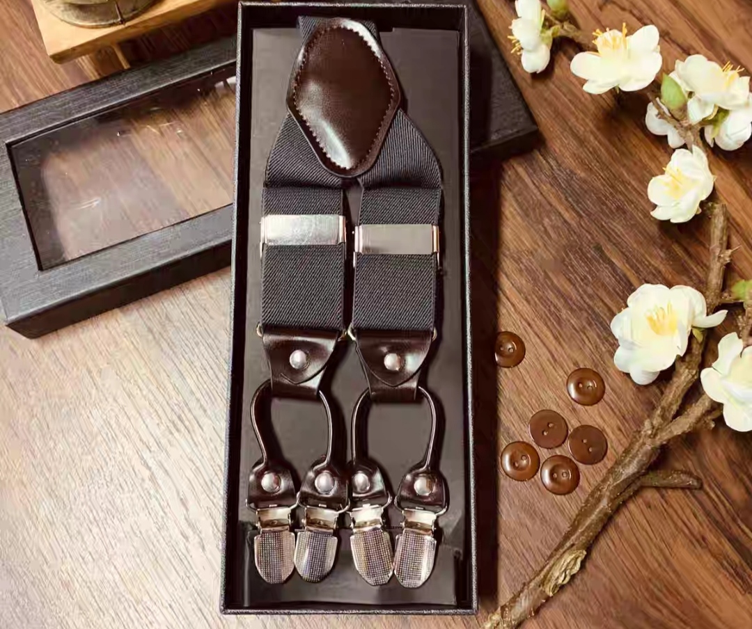 สายรัดกางเกงเอี๊ยม มาตรฐาน 6จุด หูคู่ หนังแท้ คลิบสเตนเลส กว้าง 3.5cm แบบ Y หลากสี ลายดำ พื้นดำ พื้นเทา