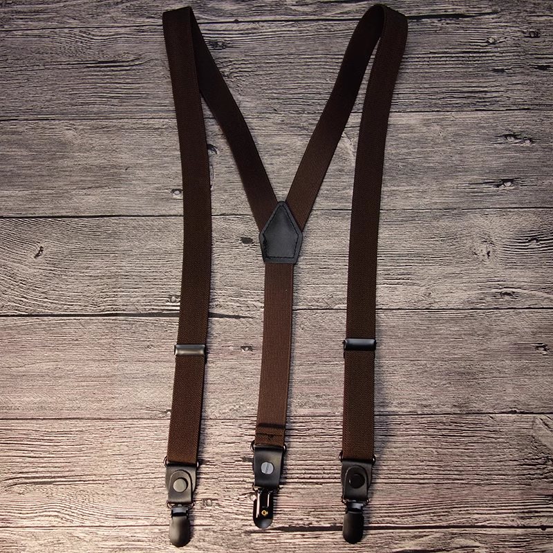 สายรัดกางเกงเอี๊ยม วินเทจ คลิบแน่นหัว ดำ กว้าง 2.5cm แบบ Y ยืดหยุ่น สีน้ำตาล ลายกรม แดง