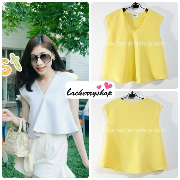 เสื้อแฟชั่นผ้าฮานาโกะ เสื้อทำงาน สีเหลือง คอวี ชายเสื้อพริ้ว สวยหวาน สินค้าคุณภาพ ราคาไม่แพง