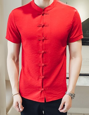 เสื้อคอจีนแขนสั้น เสื้อแดง กังฟู แฟชั่นแต่งสาบจีน สีขาว ดำ แดง เทา No.34 36 38 40 42 44