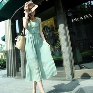 (หมดจ้า) แมกซี่เดรสซีฟอง-สีเขียว แต่งด้วยปกใบบัว จับจีบกระโปรงสวยหรู