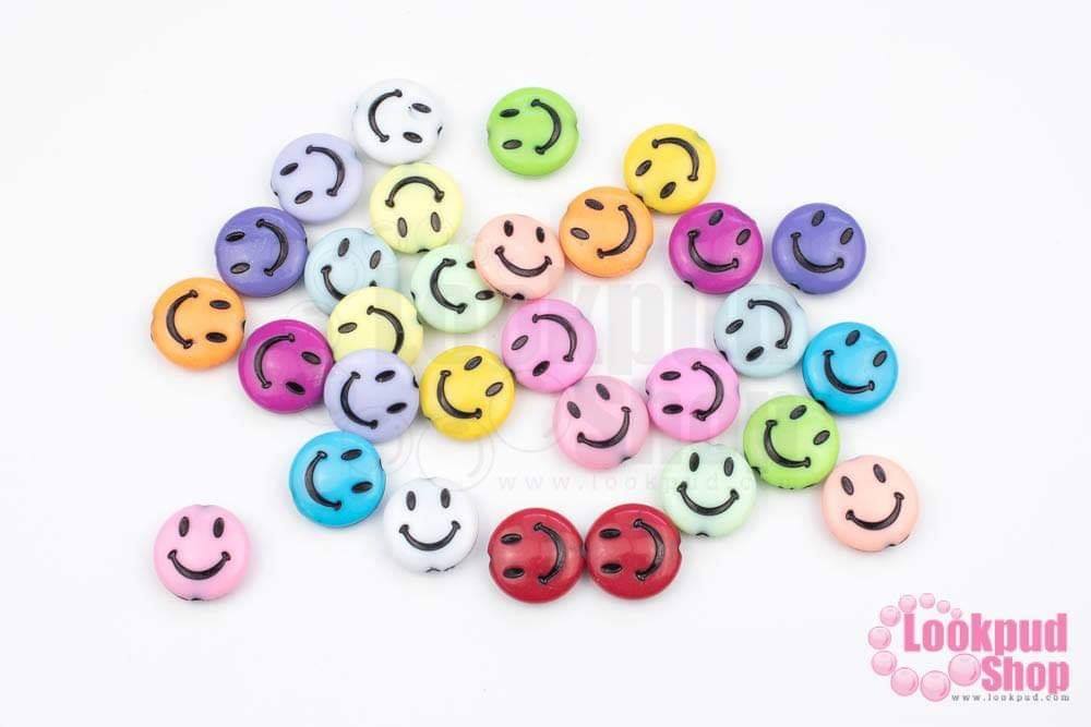 ลูกปัดพลาสติก คละสี กลมแบน รูปยิ้ม 13มิล (1ถุง/500กรัม)