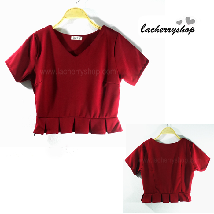 เสื้อแฟชั่น ผ้าฮานาโกะ สีแดง แต่งระบายเอวน่ารักๆ สินค้าคุณภาพ ราคาไม่แพง