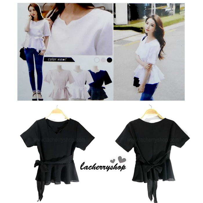 เสื้อผ้าแฟชั่นสวยๆ เสื้อทำงานสีดำผ้าฮานาโกะ แต่งระบายเอว มีสายมัดโบว์ สวยหวานสไตล์เกาหลี ใส่ได้หลายสไตล์ เว้าคอ มีซิปหลัง ใส่ได้ทุกโอกาส สำเนา