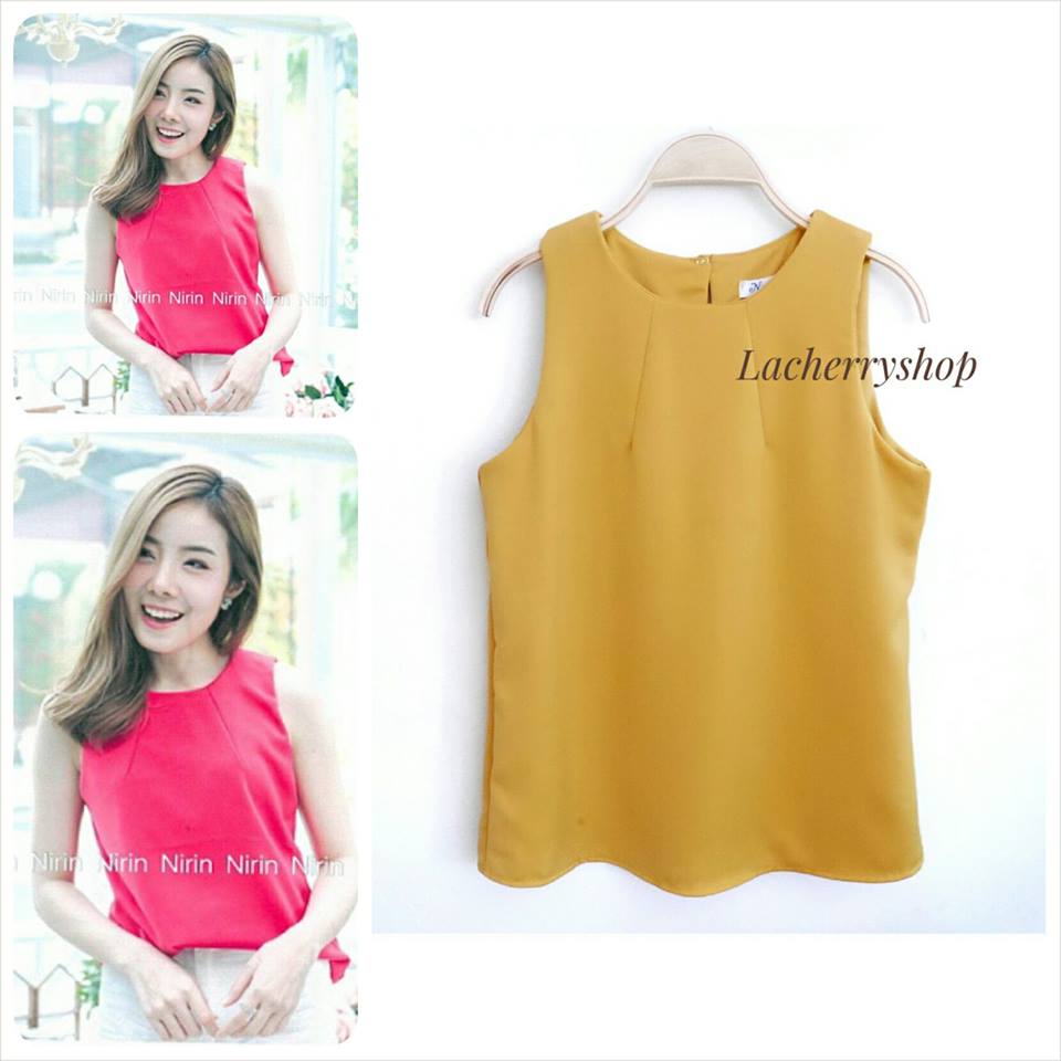 เสื้อแขนกุด สีเหลืองมัสตาร์ด ผ้าฮานาโกะ งานดี สวยเนี๊ยบเรียบหรู