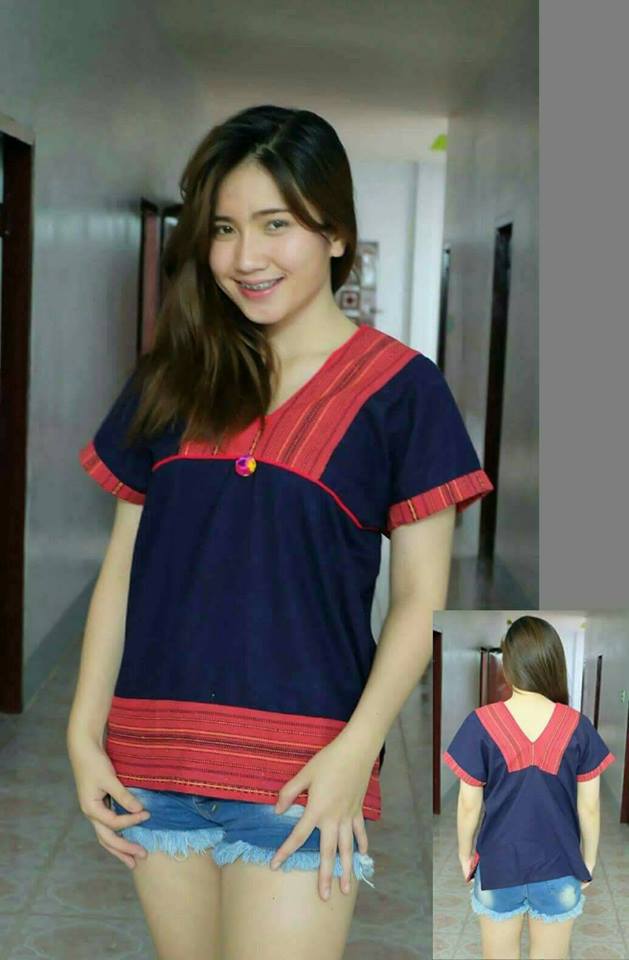 เสื้อนากา เสื้อผ้าพื้นเมือง เสื้อผ้าฝ้ายล้านนา คอวี แต่งลายผ้าพื้นเมือง แบบสวยเก๋