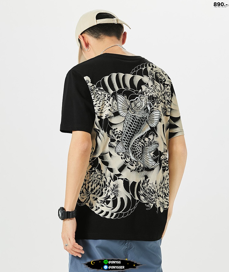เสื้อยืดสกรีนลาย ปักลายปลาคราฟ สีดำ