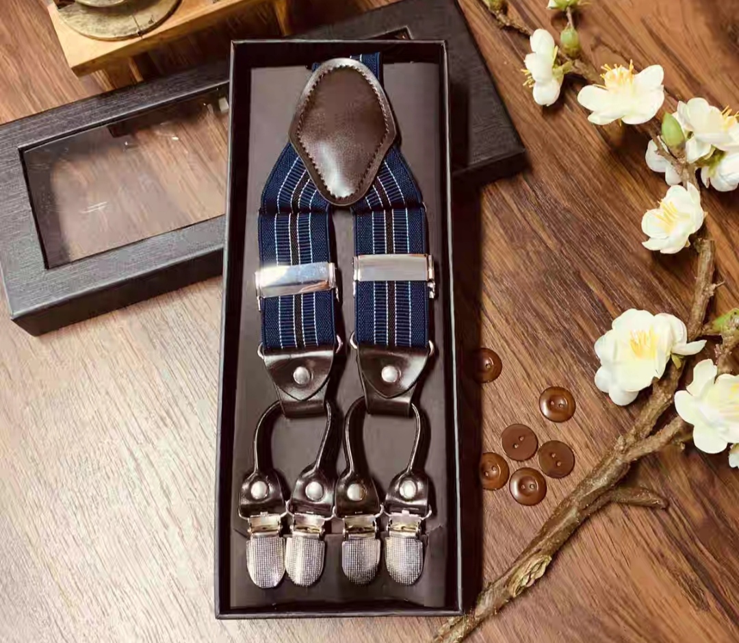 สายรัดกางเกงเอี๊ยม มาตรฐาน 6จุด หูคู่ หนังแท้ คลิบสเตนเลส กว้าง 3.5cm แบบ Y หลากสี ลายดำ พื้นดำ พื้นเทา