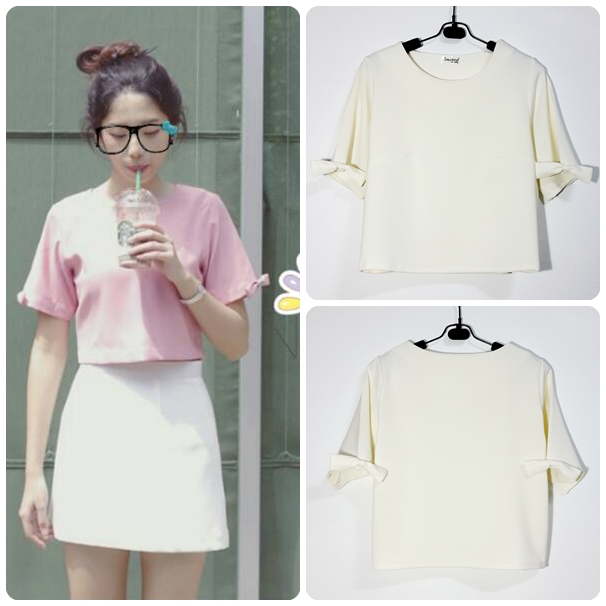 เสื้อแฟชั่นผ้าฮานาโกะ เสื้อทำงาน สีขาวครีม แขนสามส่วนแต่งโบว์ น่ารักมากๆ สินค้าคุณภาพดี ราคาไม่แพง