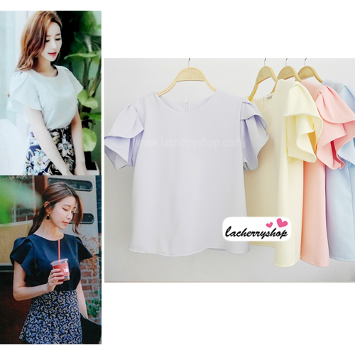 เสื้อผ้าแฟชั่นสวยๆ เสื้อทำงาน ทรงแขนกลีบบัว สีม่วง ผ้าฮานาโกะ แบบสวยหวานๆสไตล์เกาหลี