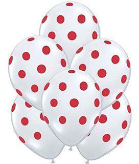 ลูกโป่งกลมนำเข้า พื้นสีขาวพิมพ์ลายจุดสีแดงไซส์ 12 นิ้ว แพ็คละ 10 ใบ ( Polka Dot Printing Balloon - White on Red Color )