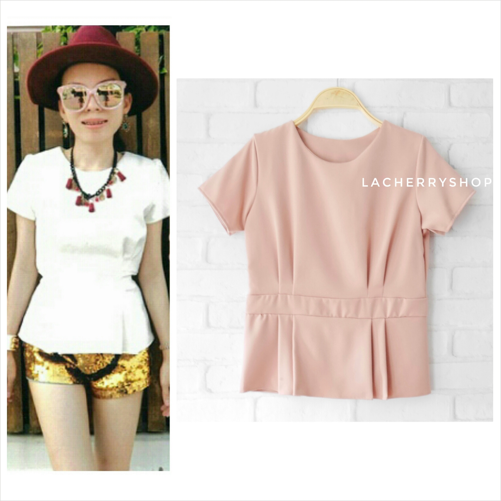 เสื้อแฟชั่นผ้าฮานาโกะ เสื้อทำงาน สีนู้ด จีบเอว ทรงเข้ารูป แบบสวยเรียบหรู