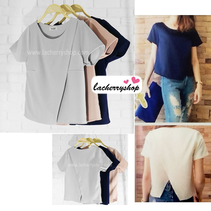 เสื้อแฟชั่นสวยๆ ผ้าฮานาโกะ (สีชมพู) ตัดแต่งผ้าไขว้ เปิดด้านหลังเก๋ๆ แบบยอดนิยม สวยเรียบหรู