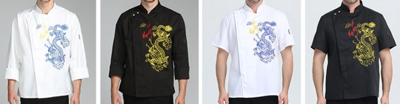 เสื้อเชฟจีน เสื้อกุ๊กจีน เสื้อพ่อครัวจีน คอตตอน ปักมังกร ผู้หญิง ผู้ชาย
