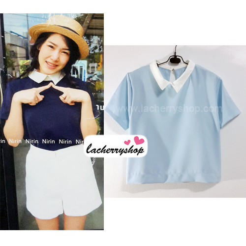 เสื้อแฟชั่น เสื้อทำงาน ผ้าฮานาโกะ สีฟ้า พาสเทล สดใส คอปกเก๋ๆ แบบยอดนิยม สินค้าคุณภาพ ราคาไม่แพง