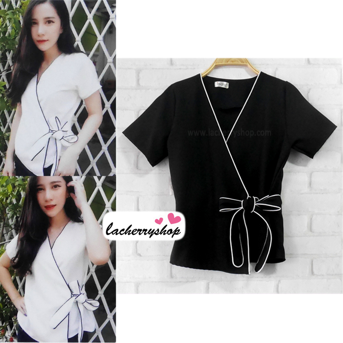 เสื้อผ้าแฟชั่นสวยๆ เสื้อทำงาน สีดำ แบบผ้าป้ายสุดฮิต กุ้นขอบสีสวยๆตัดกัน ผูกโบว์เอว สวยเรียบหรู