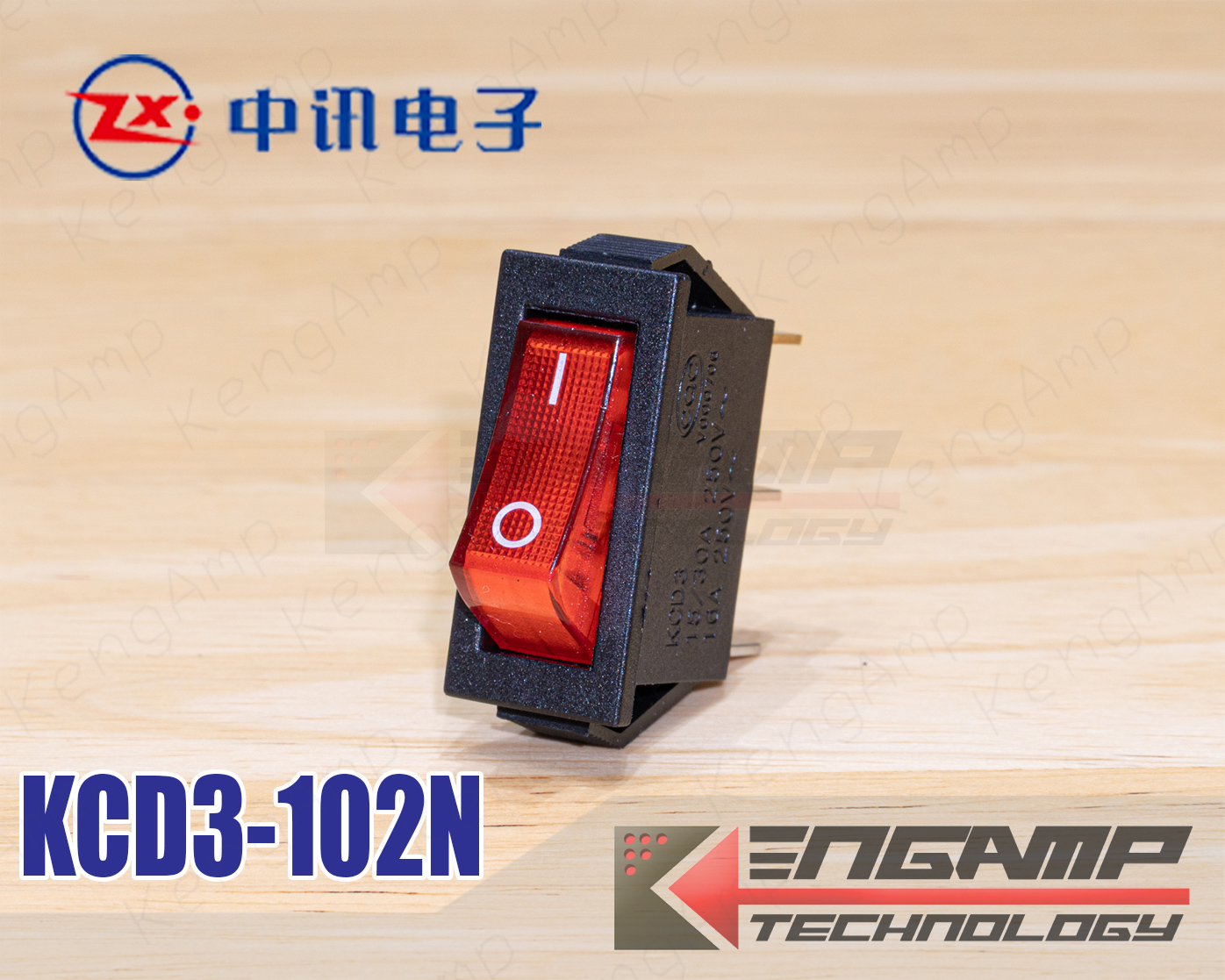 (1ตัว) [SW] KCD3-102N สีแดง ZhongXun 16A/250V 16A/250V 13.5x30.5mm ช่องเจาะ 10.2x28mm