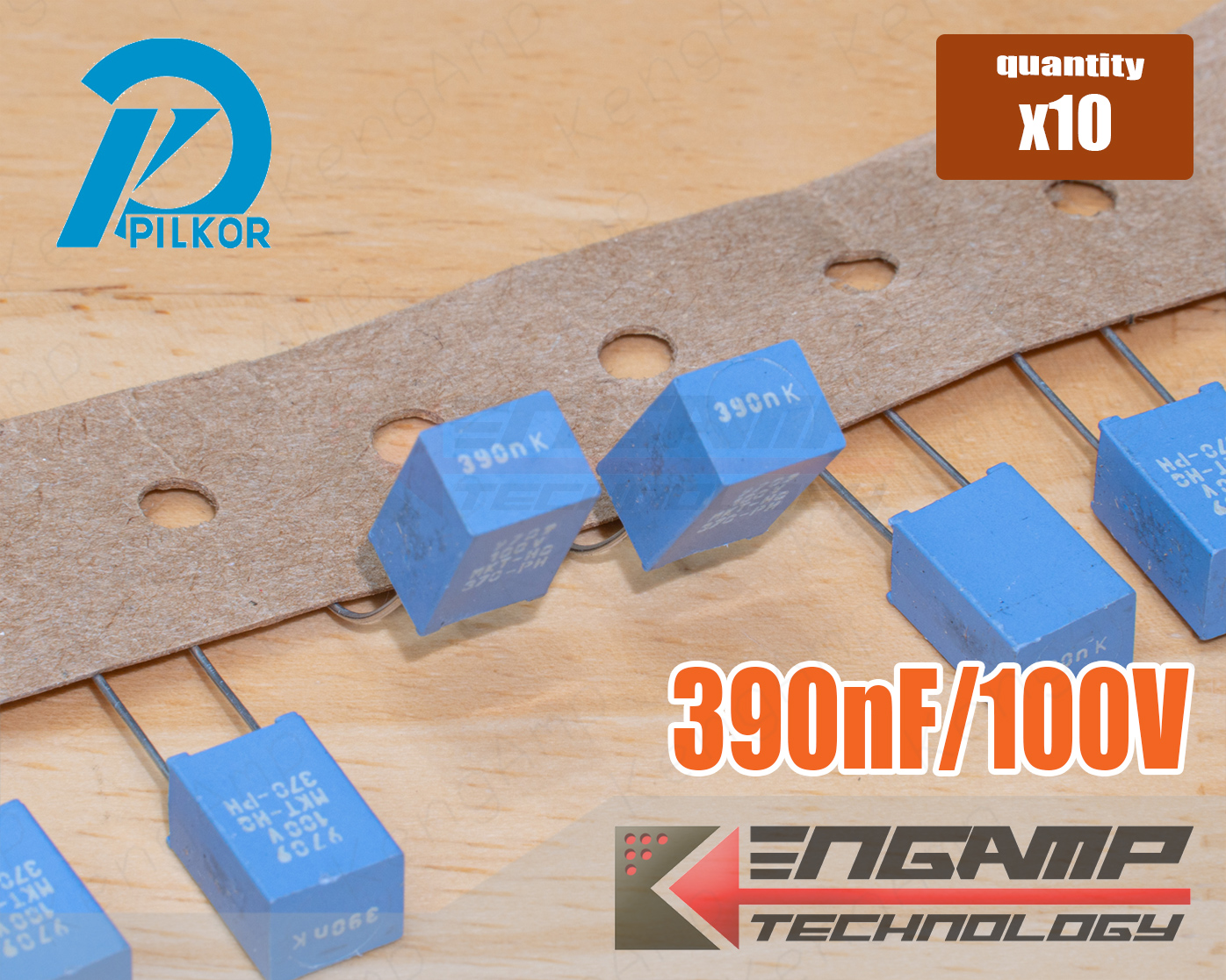 (10ตัว) [F-CAP] 0.39uF/100V 390nK100V PILKOR 5.8x7 H10.8mm P=5mm