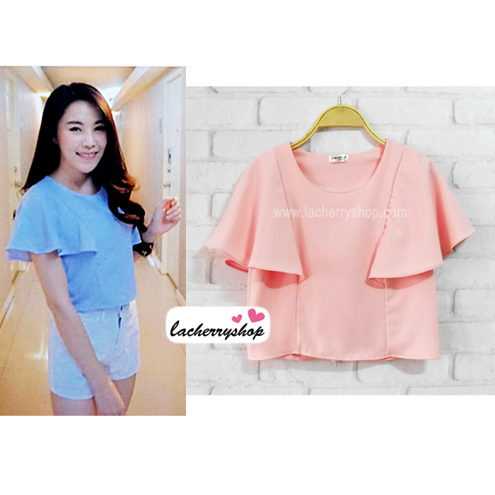 เสื้อครอป ผ้าฮานาโกะ สีชมพู แต่งระบายแขน แบบสวยหวานสไตล์เกาหลี มีซิปหลังค่ะ เนื้อผ้าฮานาโกะคุณภาพดี สำเนา