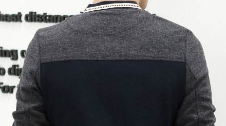 เสื้อคลุมเบสอล 2โทน ติดซิบ ปะกระเป๋า สีเทาแขนน้ำเงิน No.46