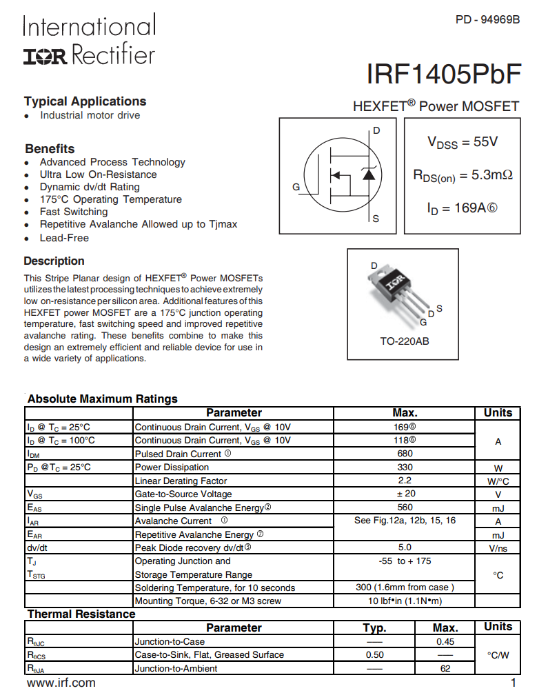 (1ตัว) IRF1405PbF IR N-Ch 169A 55V 5.3mR TO-220