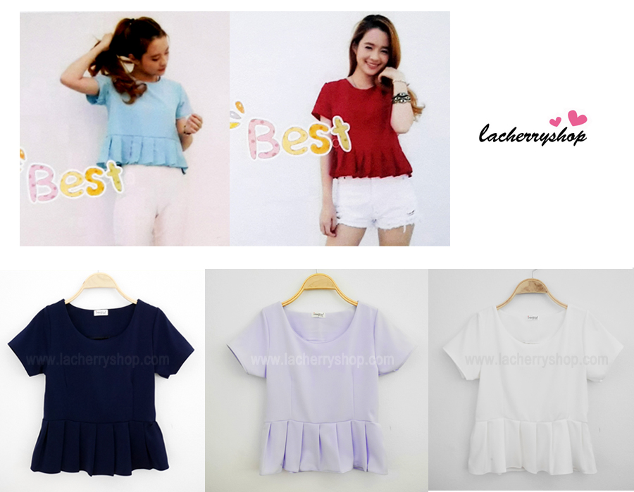 เสื้อแฟชั่น เสื้อทำงาน ผ้าฮานาโกะ สีกรมท่า แต่งระบายเอว แบบสวยเรียบหรู สินค้าคุณภาพดี ราคาย่อมเยา
