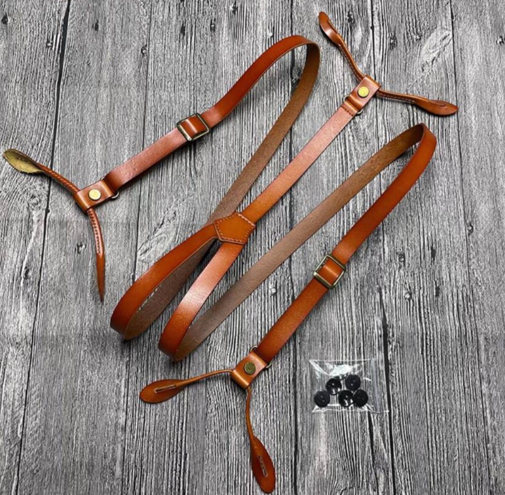 สายเอี๊ยมหนังกระดุม หนังแท้ หนา สายรัดกางเกงหนังแท้ อัพเกรด 1.8cm สีน้ำตาล ดำ