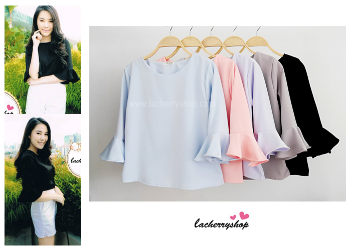 เสื้อแฟชั่น เสื้อทำงาน ผ้าฮานาโกะ สีฟ้า แขนกระดิ่งสามส่วน แบบสวยเรียบหรู สินค้าคุณภาพดี