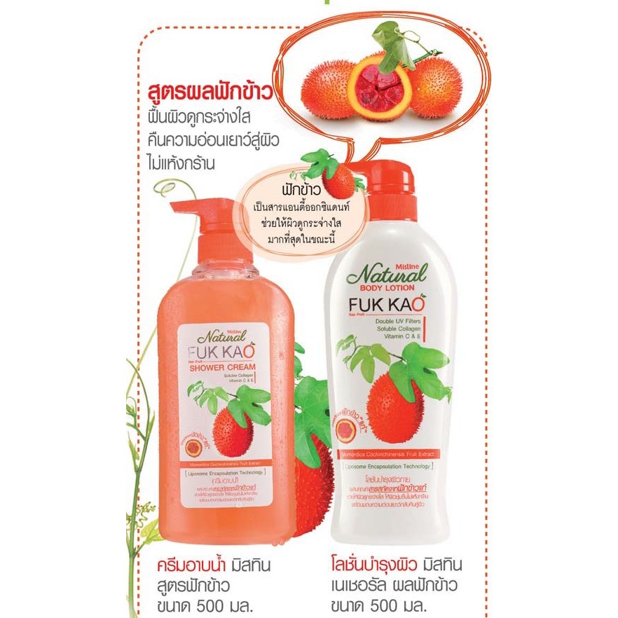 ครีมอาบน้ำฟักข้าว ครีมอาบน้ำมิสทีน สูตร ฟักข้าว เพื่อผิวขาวใส ขนาด 500ml. Mistine Natural Fuk Kao Shower Cream