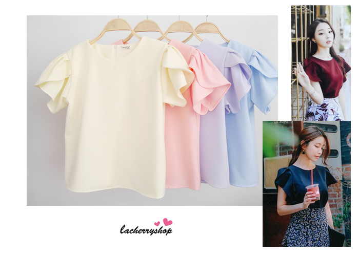 เสื้อผ้าแฟชั่นสวยๆ เสื้อทำงาน ทรงแขนกลีบบัว สีเหลือง ผ้าฮานาโกะ แบบสวยหวานๆสไตล์เกาหลี