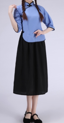 ชุดเสื้อคอจีนกี่เพ้า ชุดแสดง หญืง กระโปรงสั้นเข่า สีฟ้า แดง ขาว ชมพู Size No สูง120 130 140 150 160 170