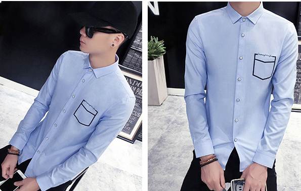 เล็กพิเศษ!!เสื้อเชิ้ตแขนยาว สลิมฟิต เสื้อคอปกเล็ก แต่งกระเป๋าสีตัด สีขาว No.40