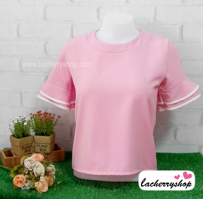 เสื้อแฟชั่น เสื้อทำงาน ผ้าฮานาโกะ สีม่วง พาสเทล สวยหวาน แต่งระบายแขนเสื้อริ้วสีขาว สินค้าคุณภาพ ราคาไม่แพง