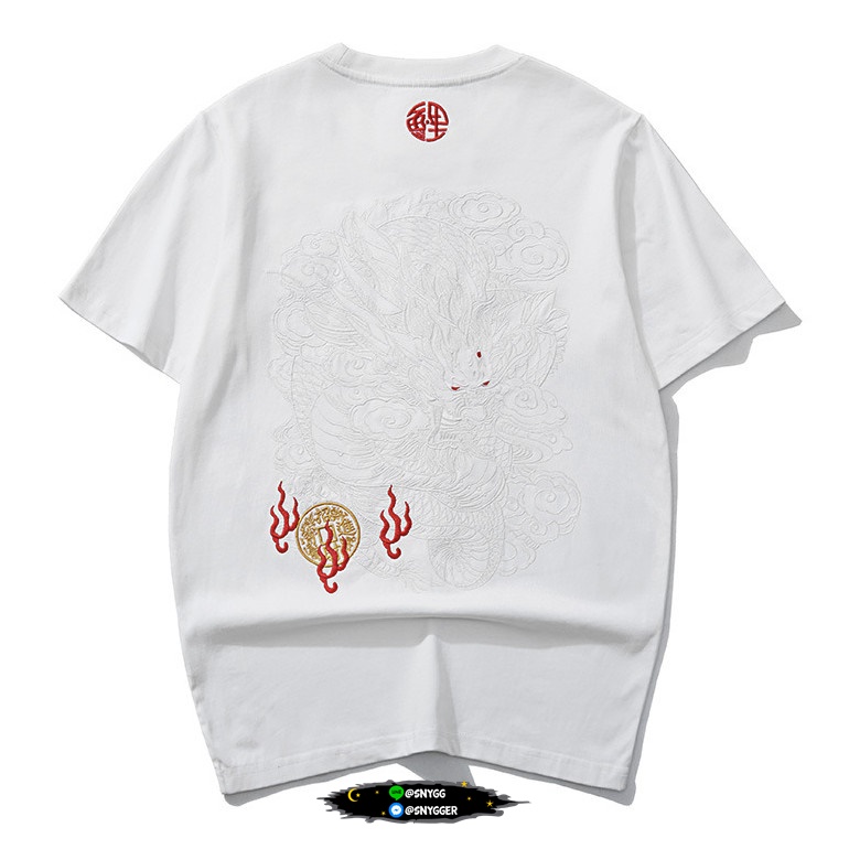เสื้อยืดปักลายมังกร สีขาว