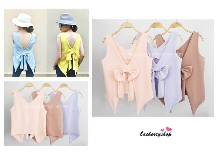 เสื้อแฟชั่นผ้าฮานาโกะ สีโอรส แขนกุด โบว์หลัง แบบสวยเก๋ๆ เซ็กซี่เบาๆ เนื้อผ้าฮานาโกะคุณภาพดี