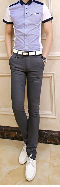 เล็ก!!หมดแล้วหมดเลย!!เสื้อเชิ้ตแขนสั้นทรงฟิต ปกเล็กแบบอังกฤษ No.35 37 (น้ำเงิน- ดำ)