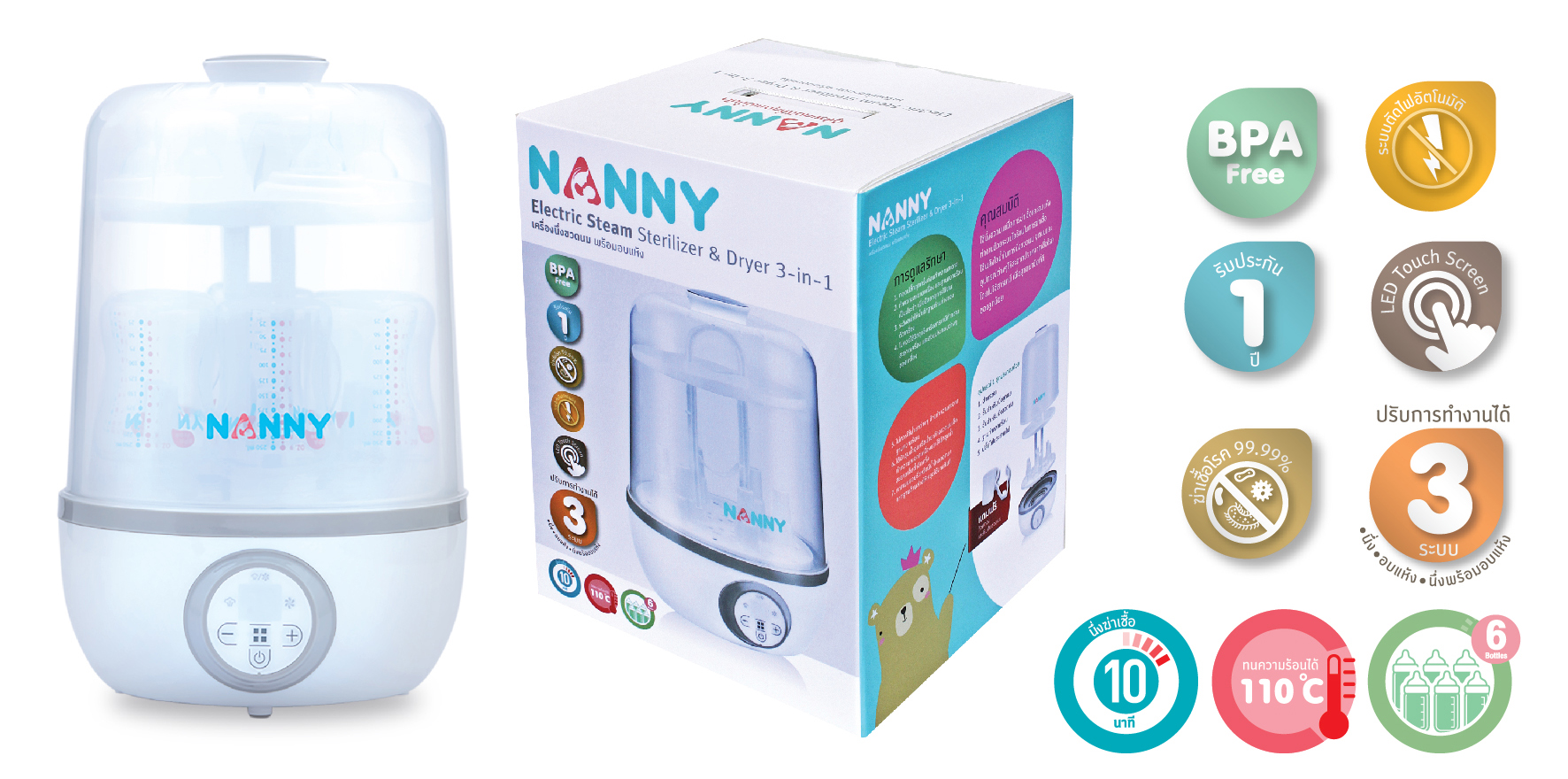 อุ่นขวดนม หม้อนึ่งขวดนม กระเป๋าน้ำร้อน เครื่องนึ่งฆ่าเชื้อขวดนม NANNY เครื่องนึ่งขวดนม พร้อมอบแห้ง 3 in 1 รุ่น N5770 