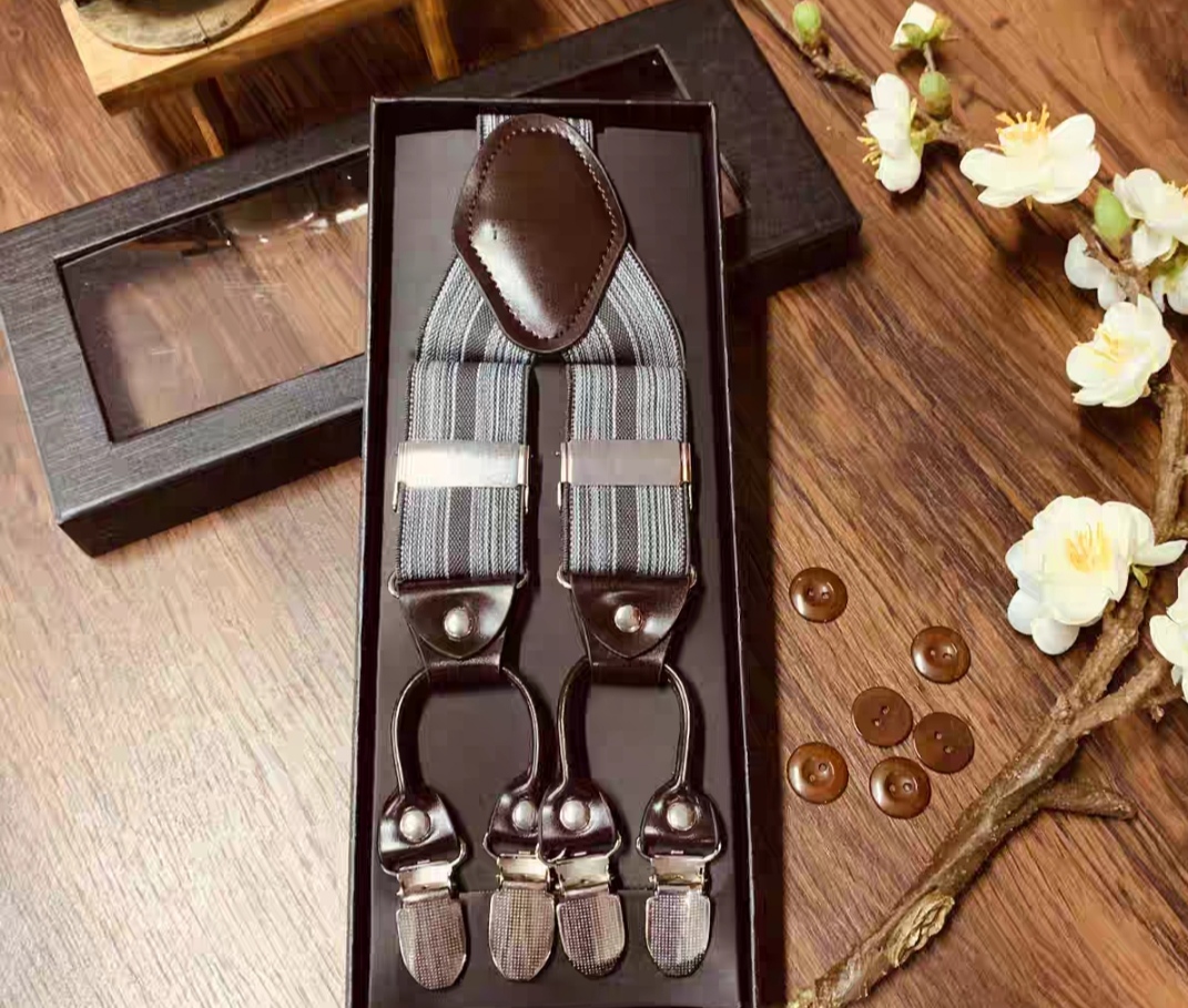 สายรัดกางเกงเอี๊ยม มาตรฐาน 6จุด หูคู่ หนังแท้ คลิบสเตนเลส กว้าง 3.5cm แบบ Y หลากสี ลายดำ พื้นดำ พื้นเทา